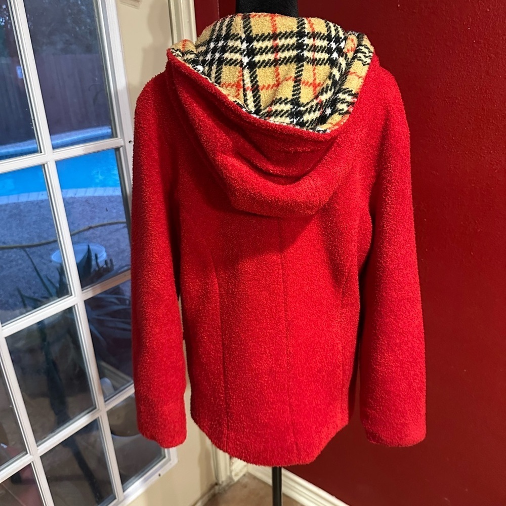 Sandro Paris Red Boucle Teddy Jacket | Plaid Hood Lining | Women’s Size M - Picture 2 of 11